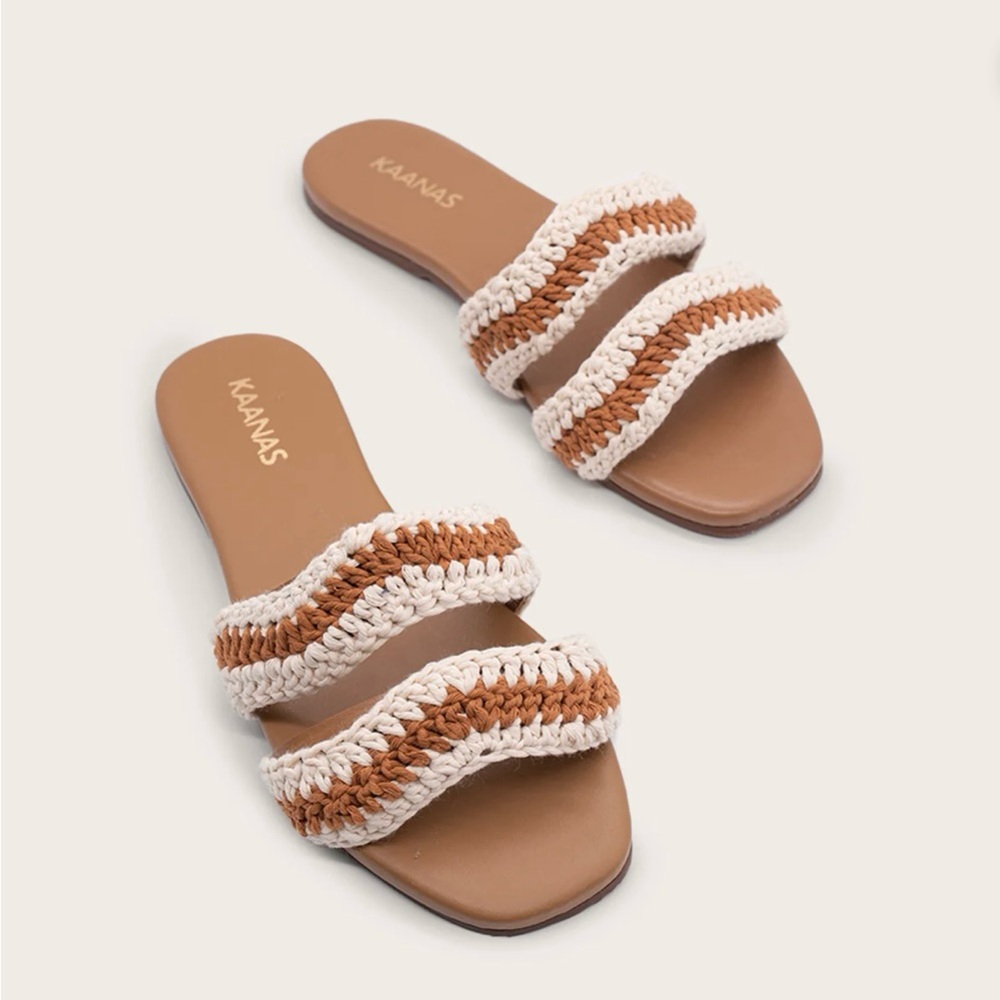 Kaanas Tan and Cream Woven Sandals with Zigzag Design